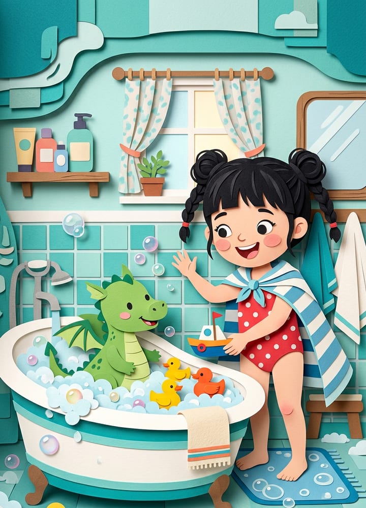 Sample cover: a girl in a towel cape stands beside a small green dragon in a bubble-filled bathtub.