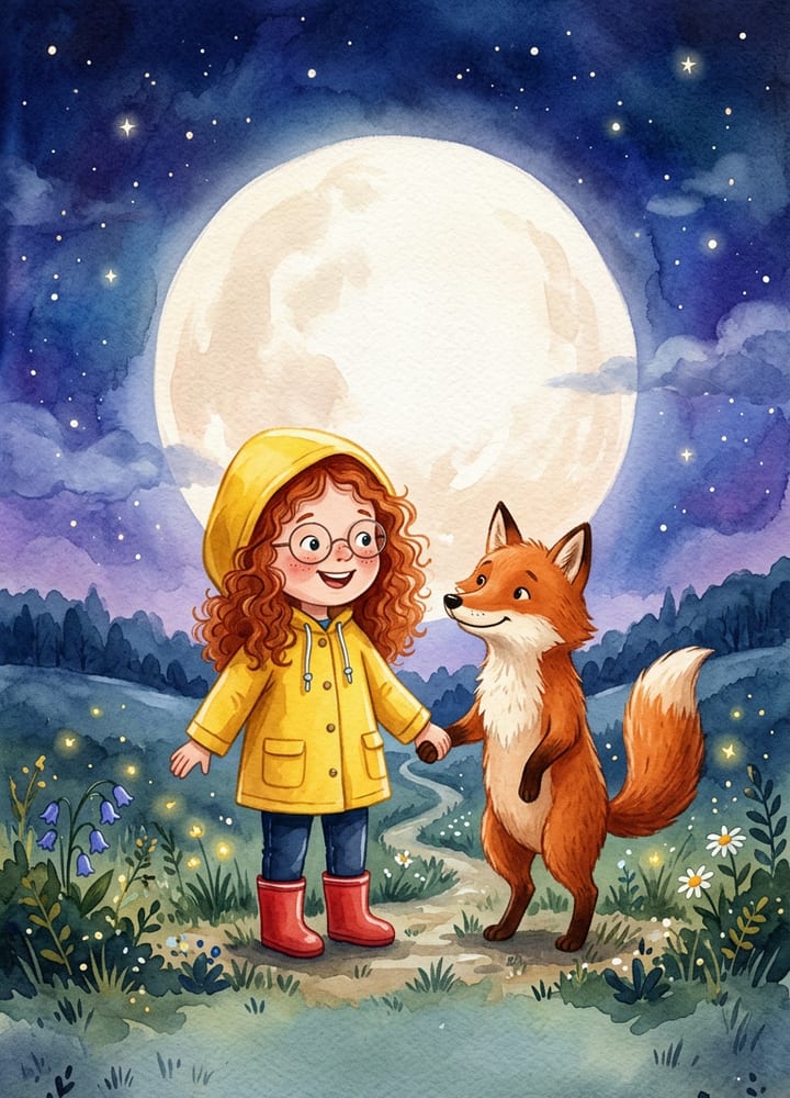 Sample cover: a girl with curly red hair and a yellow raincoat holds hands with a fox under a huge moon.