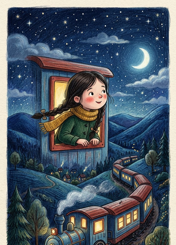 Sample cover: a girl in a yellow scarf looks out of a night train winding through blue hills.