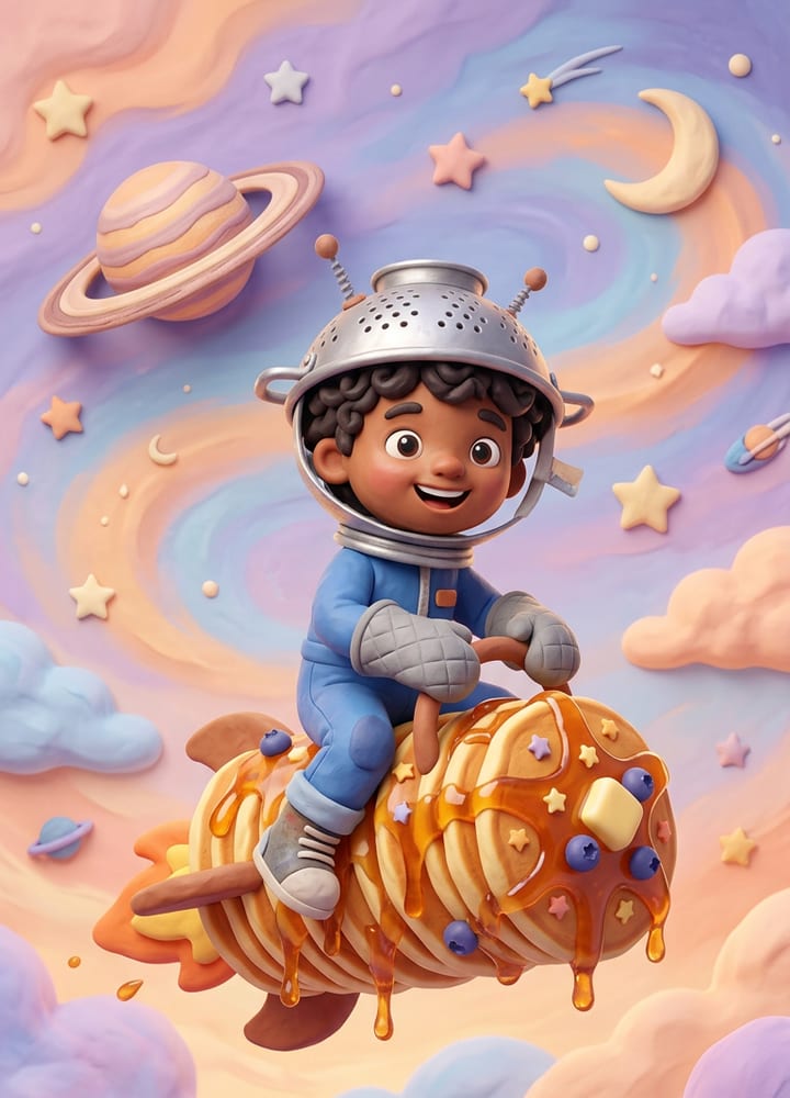 Sample cover: a boy in a colander helmet rides a rocket made of pancakes through a pastel sky.